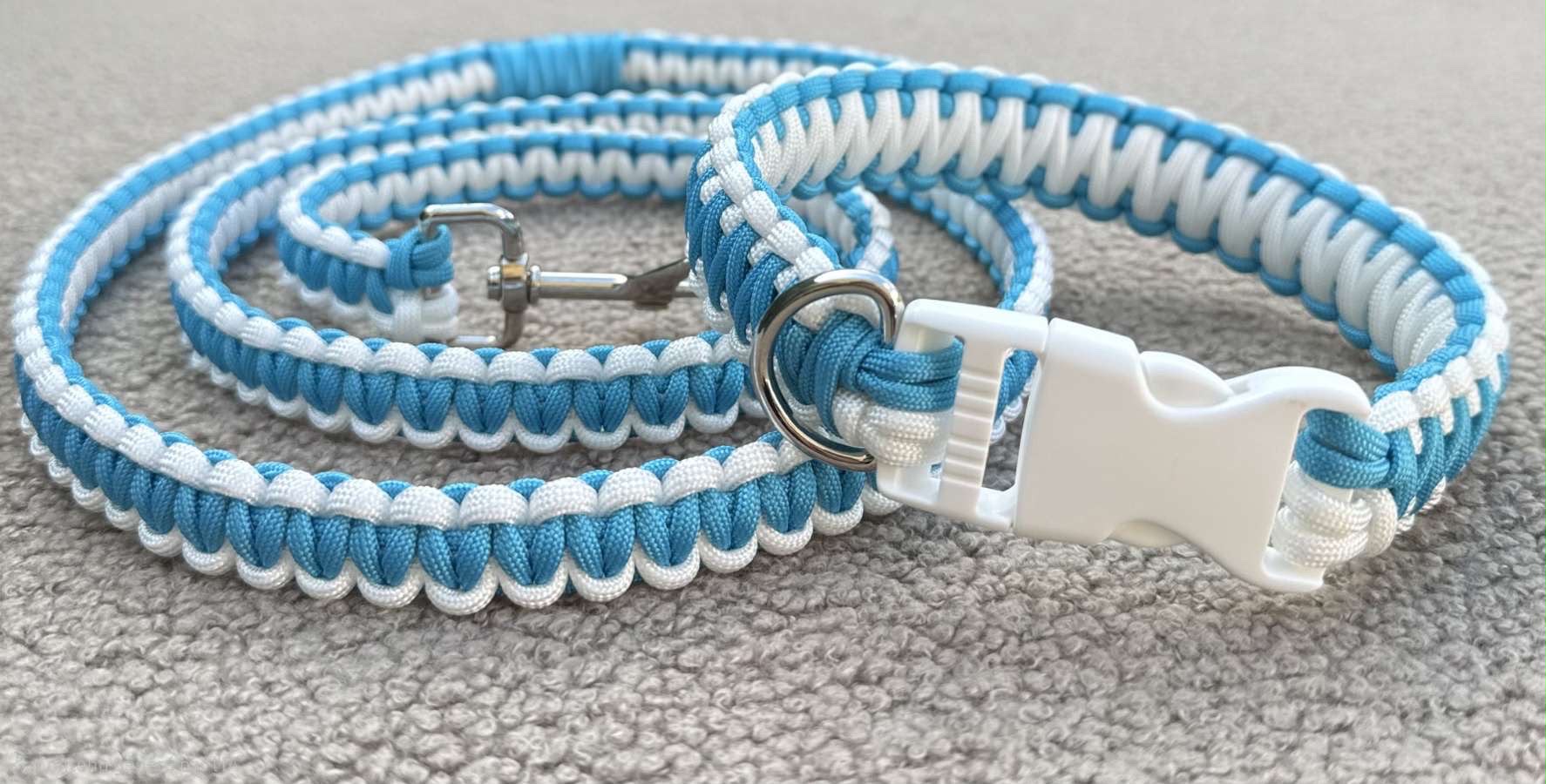 Collier et laisse assortis en paracorde bleu clair et blanc